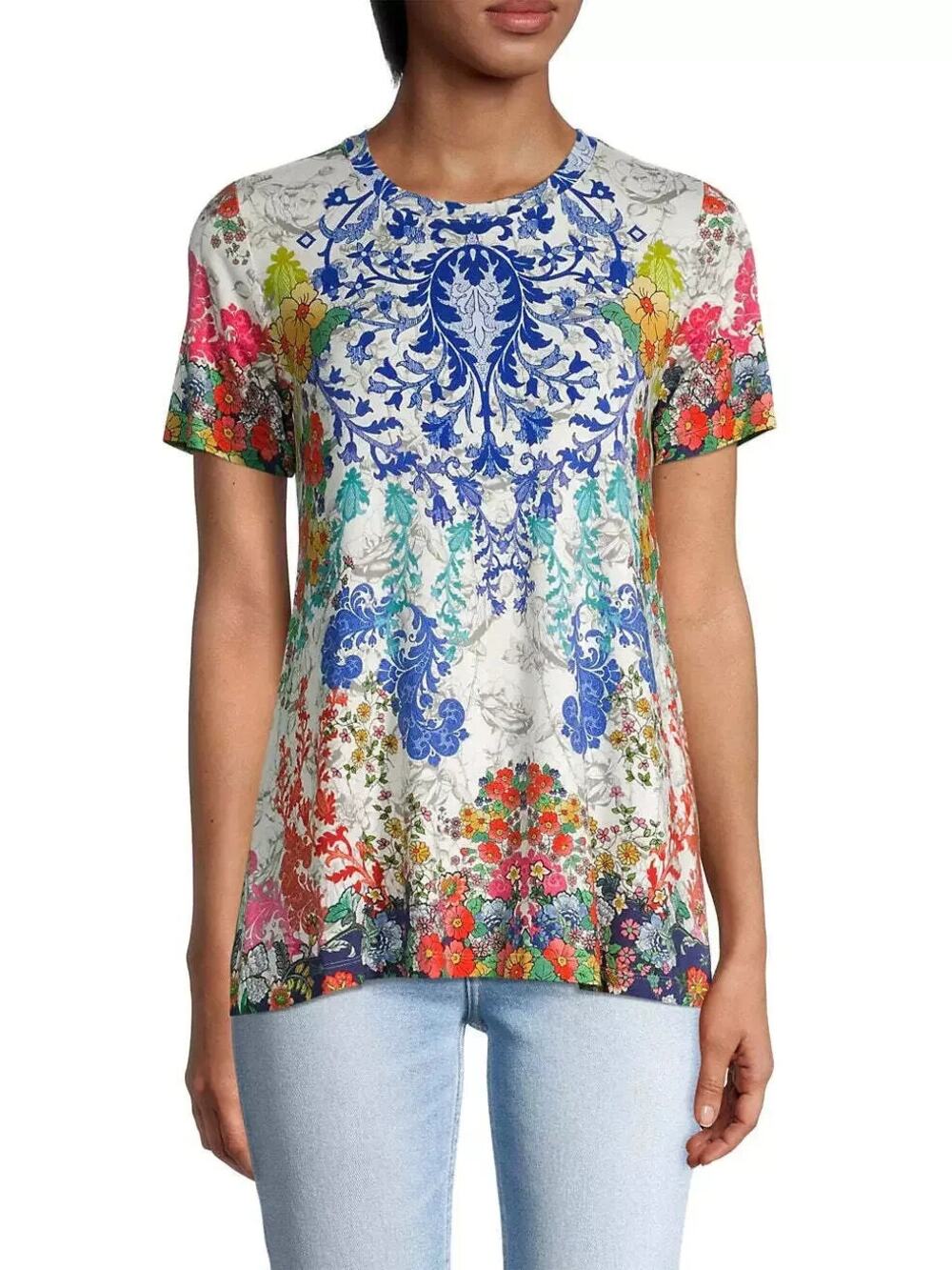 Johnny Was Shellinay Favorite Crew Swing Tee White Blue Multi - Size: Large